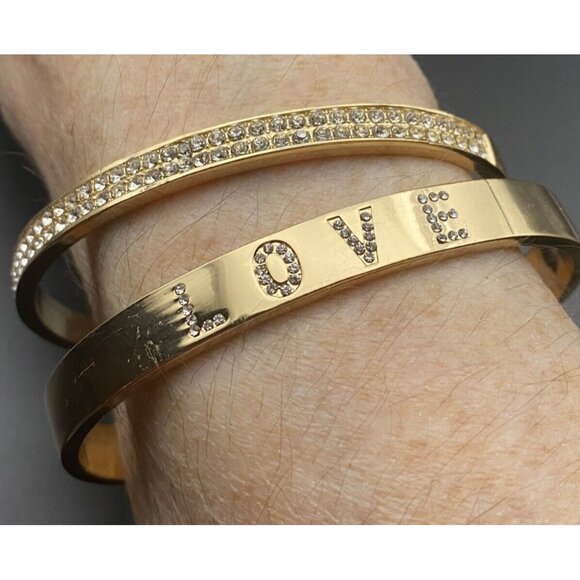 Unbranded Jewelry - Set 2 Cuff Bracelets Polished Gold Tone Sparkle Rhinestone Love 5.5 & 8 mm 7.5"